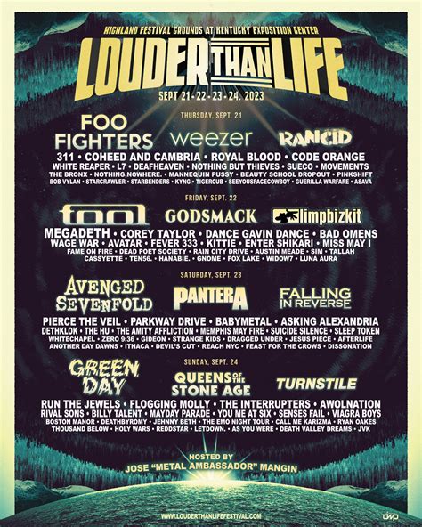 Louder than life lineup - The lineup is arguably Louder Than Life’s strongest yet, perhaps making up for the fact that promoter Danny Wimmer Presents had to postpone last year’s fest due to the pandemic. Taking place September 23rd-26th in Louisville, Kentucky, the event will feature Metallica headlining two nights (Friday and Sunday) with Korn topping the bill on ...
